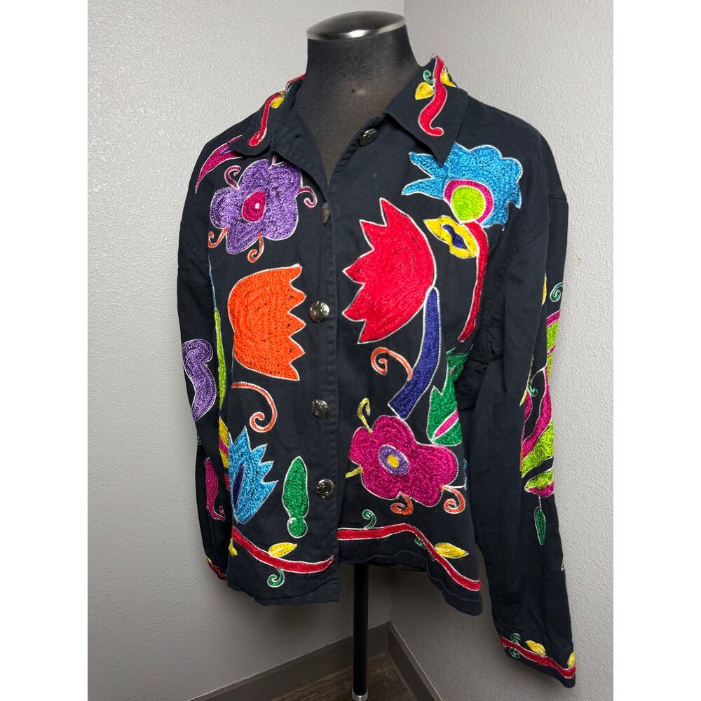 Vintage RS Sport Embroidered Jacket Black Floral Artsy Cropped Button Front L - Picture 8 of 10